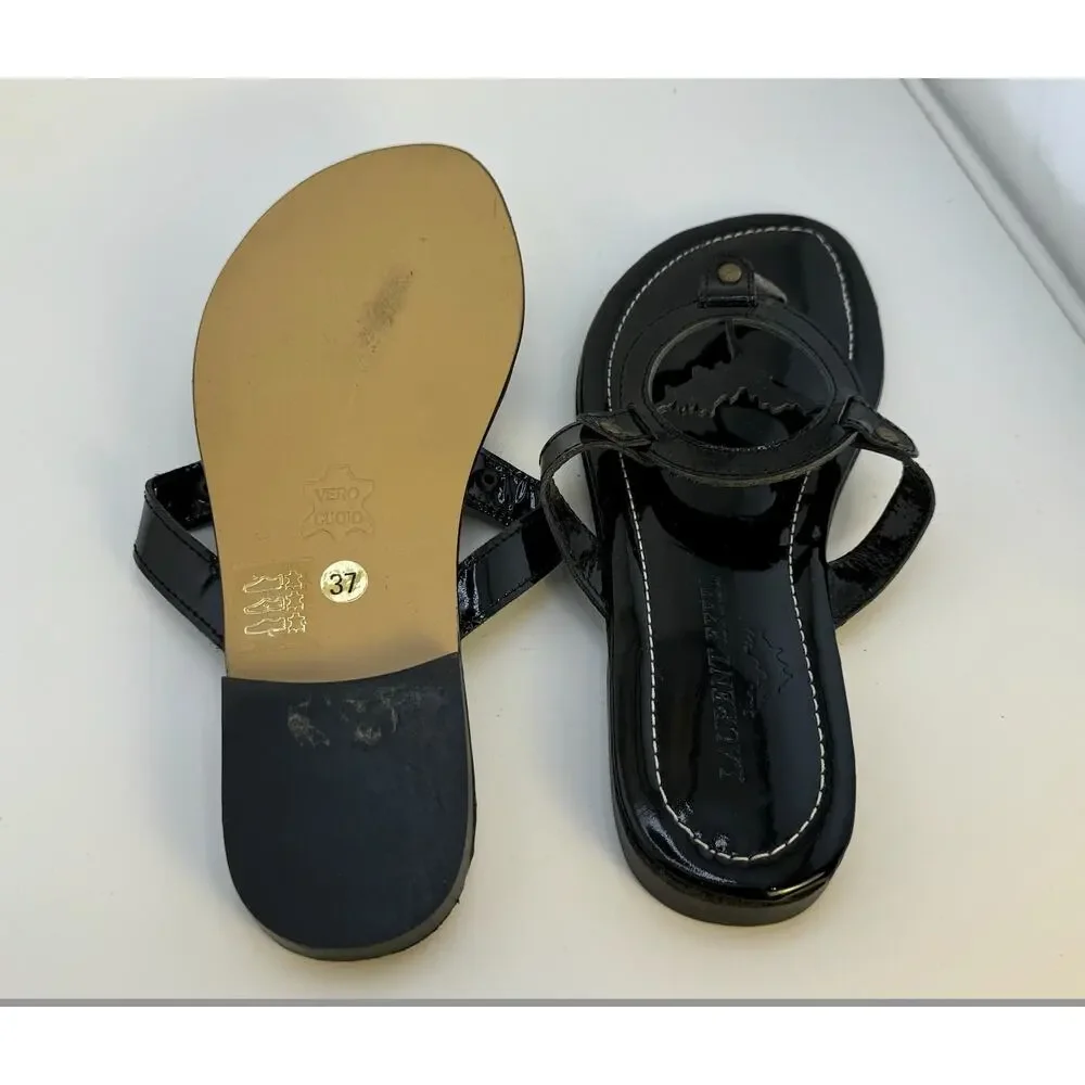 EUC Vintage 2000s Y2K‎ Laurent Effel Black Patent Leather Logo Sandals